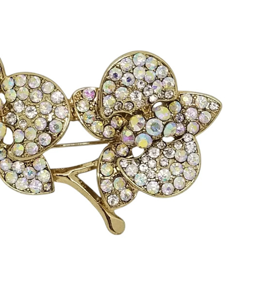VINTAGE GOLDTONED WITH AURORA BOREALIS RHINESTONES FLOWERS DESIGN BROOCH - Picture 3 of 4